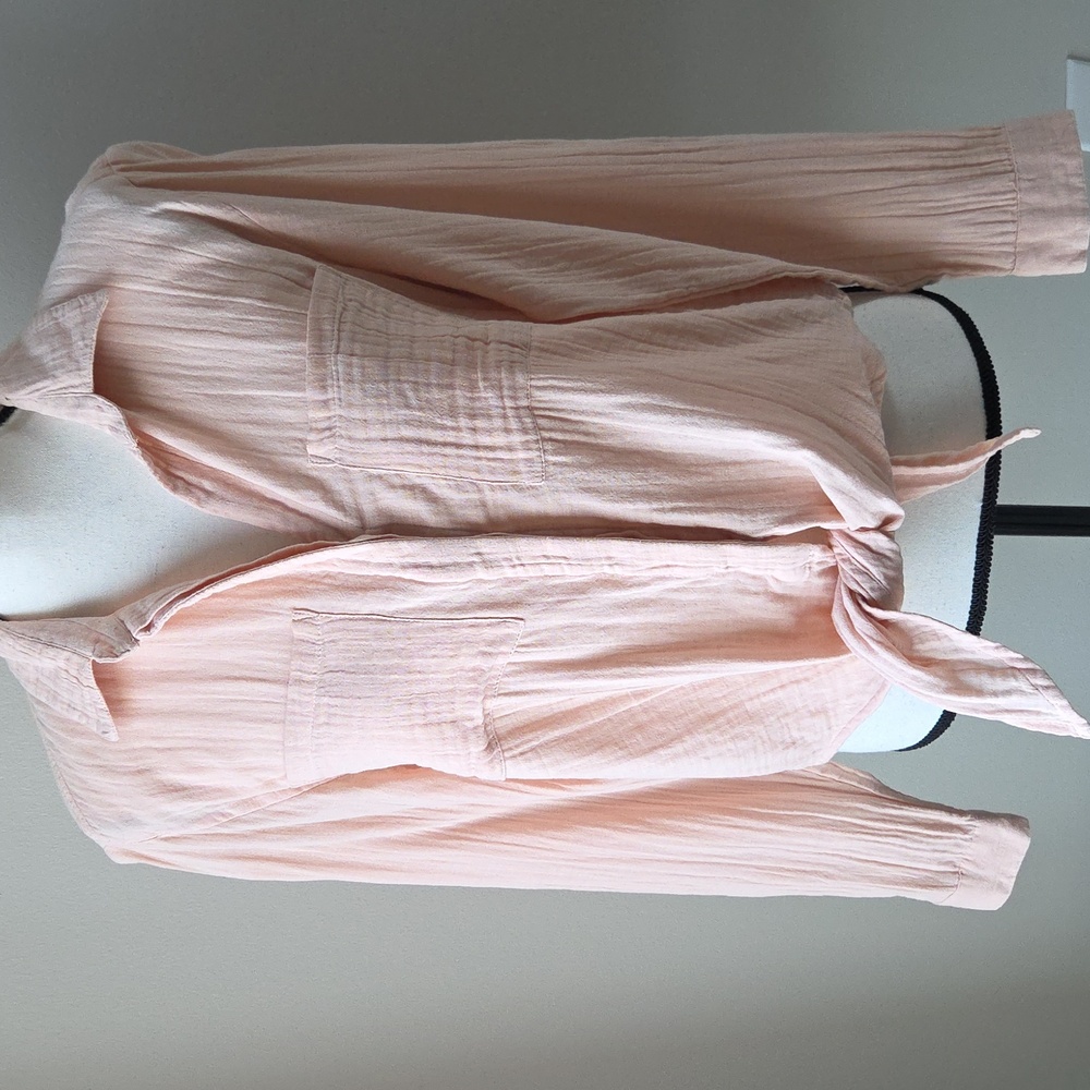 Sim & Sam Sz L 100% Cotton Gauze Button Front Top Peach Tie Hem Boho Blouse